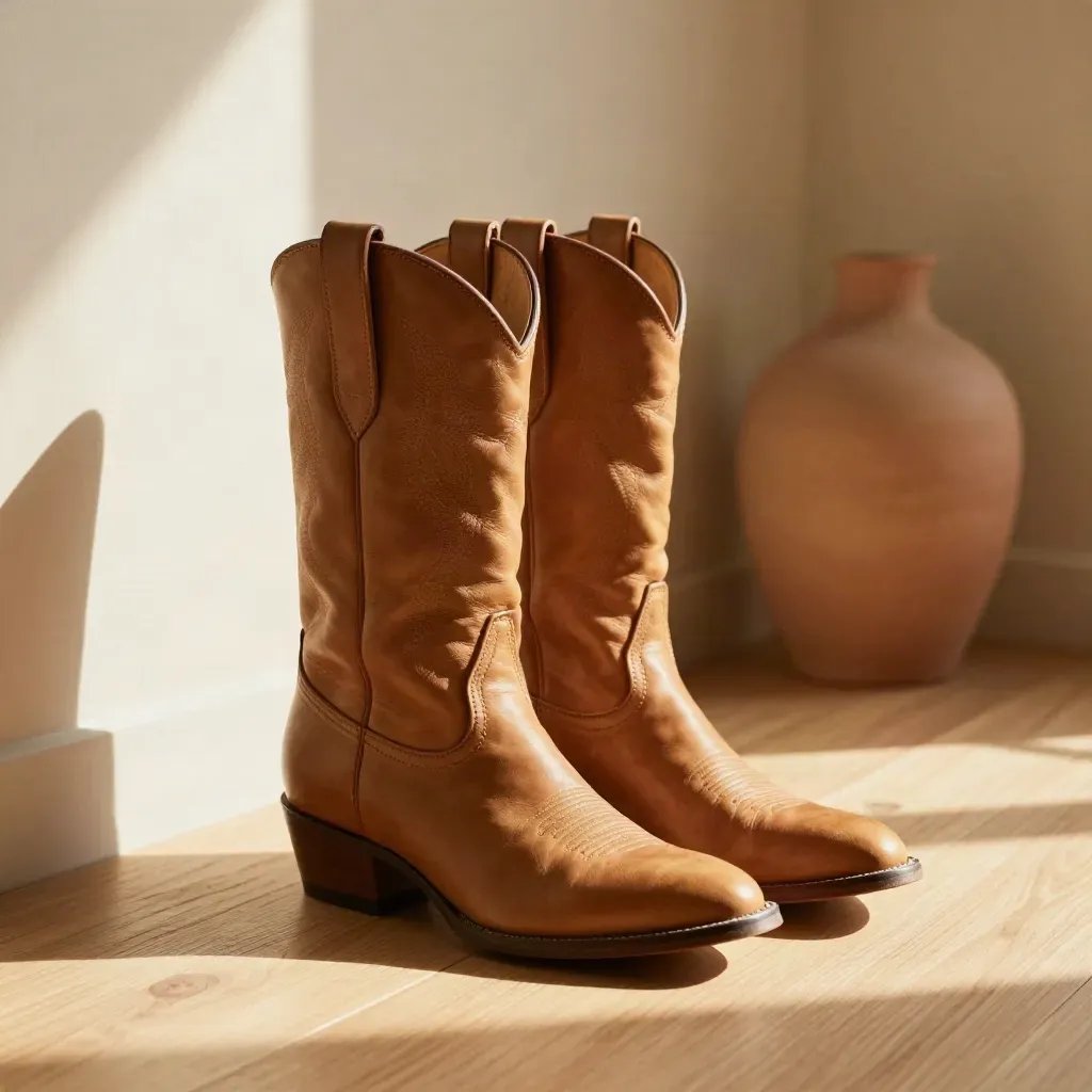 Botas cowboy de cuero camel junto a un vaquero doblado y un jarrón cerámico, con luz cálida de tarde.
