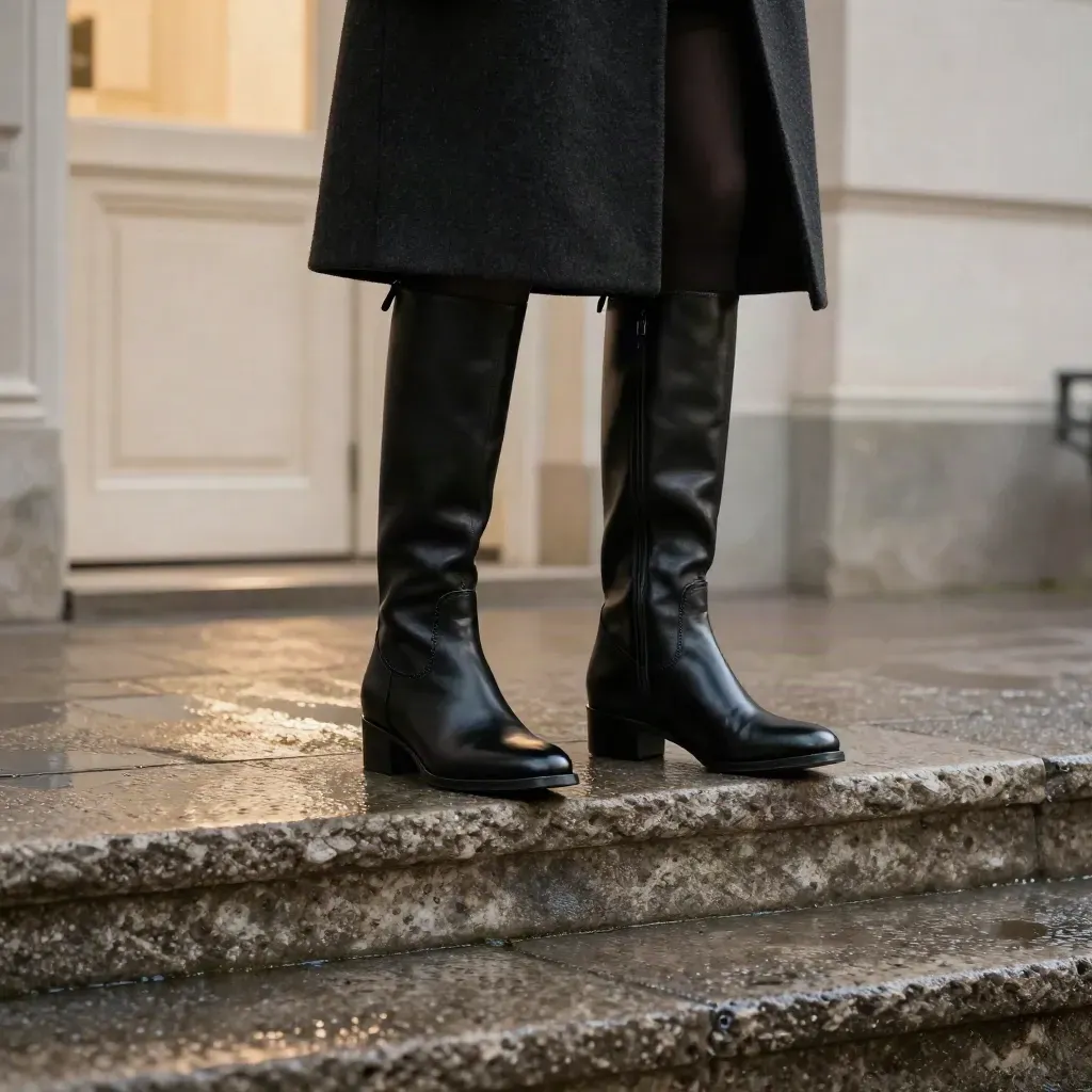Botas altas negras sobre un escalón de piedra húmeda, con bajo abrigo y atmósfera fría.