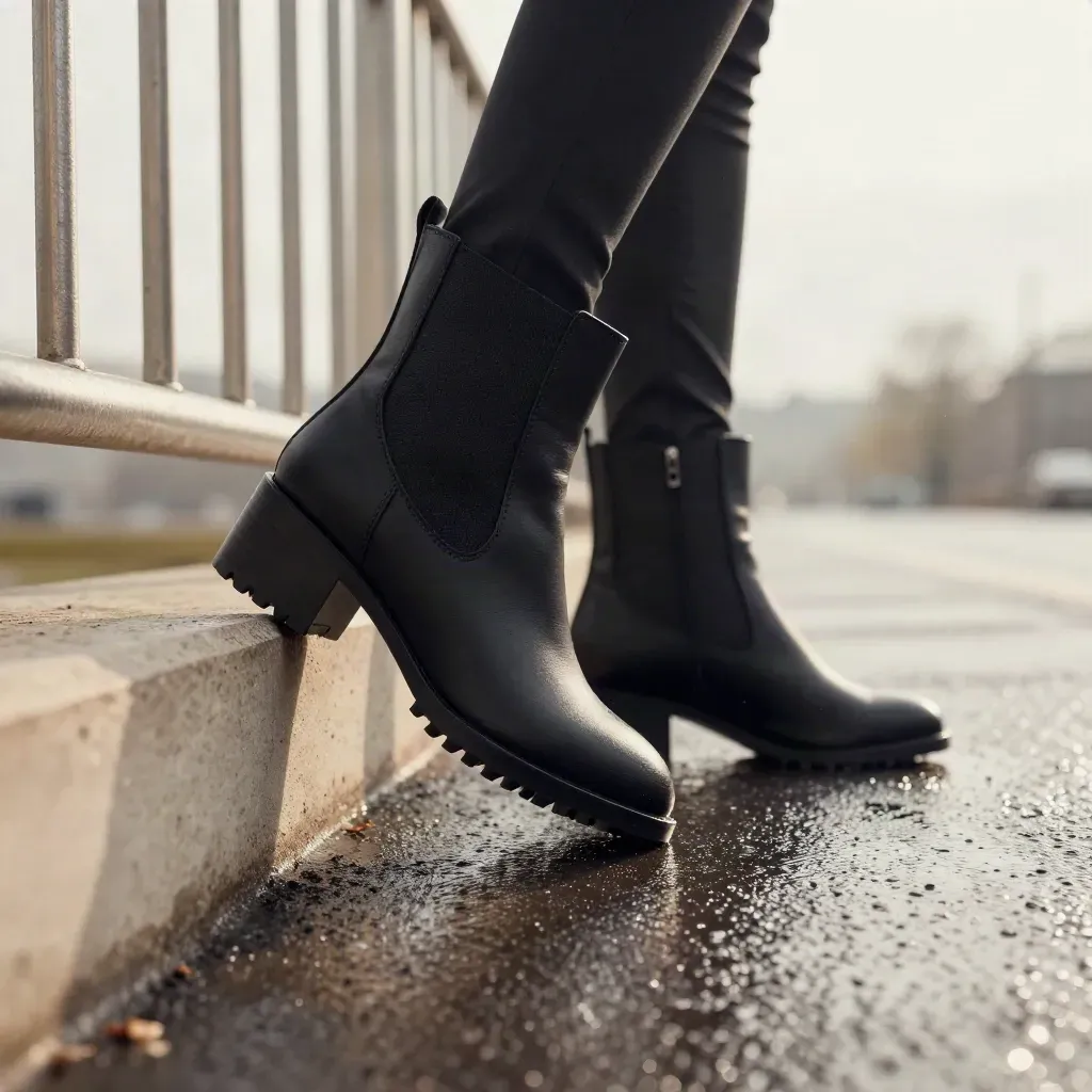 Botas negras de suela track pisando pavimento mojado junto a una barandilla metálica.