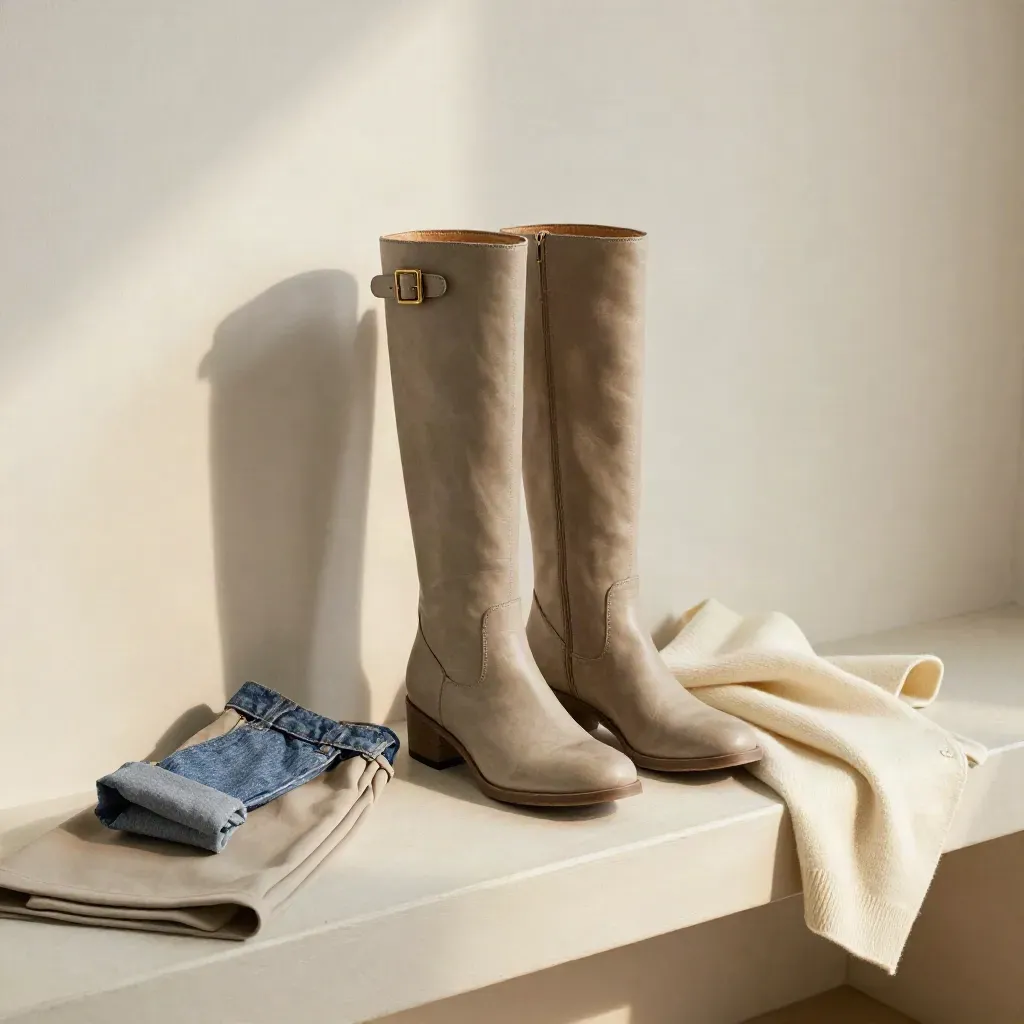 Botas de mujer con falda doblada, vaquero y punto sobre banco claro.